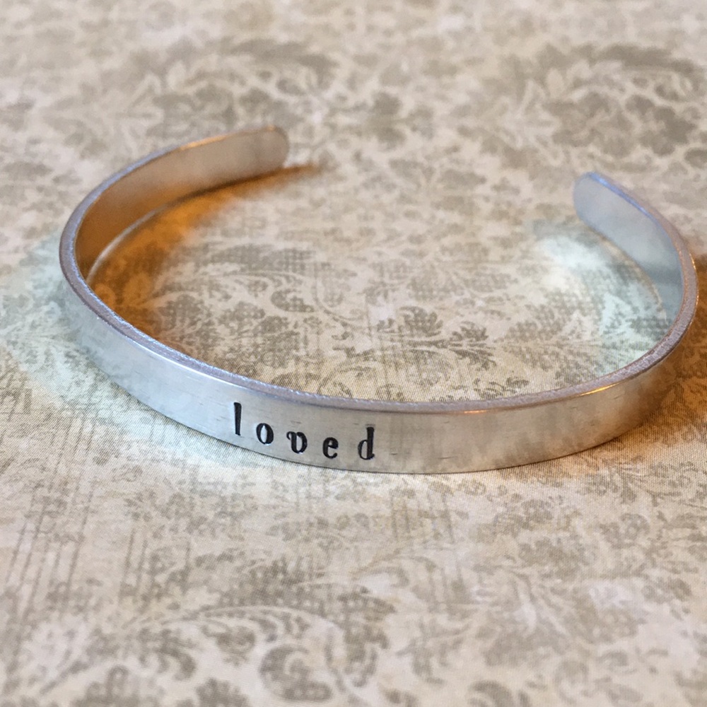 Hand Stamped Saying Loved Aluminum Cuff Bracelet